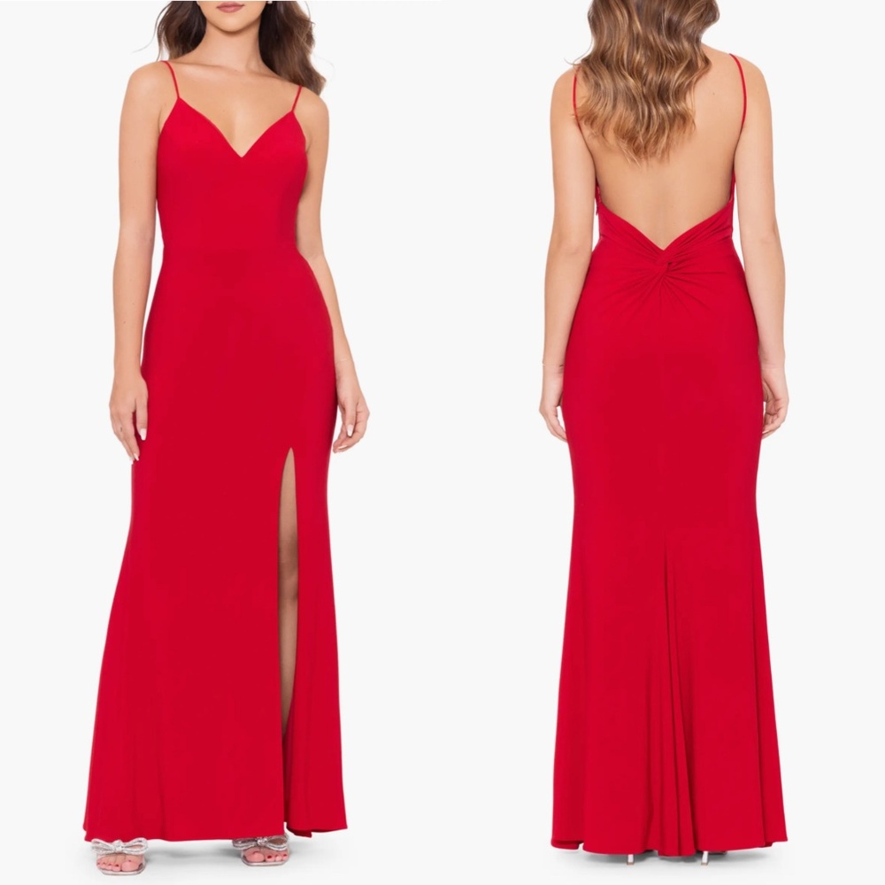 NEW XSCAPE Red KNOTTED Open Back HIGH SLIT Evening Dress GOWN 10 (Runs small)